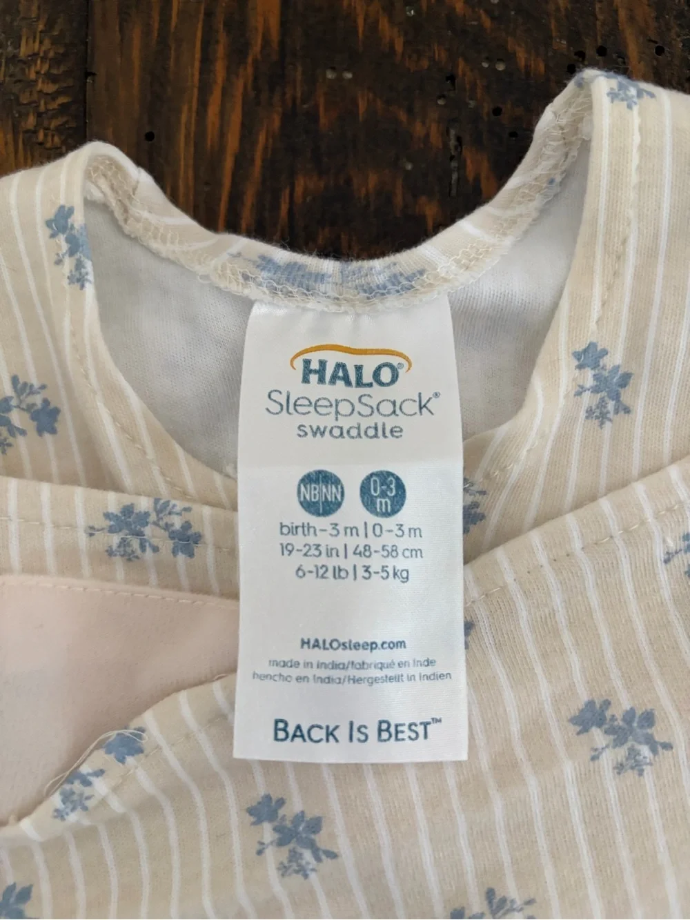 Halo Cream Swaddle Sleep Sack with Blue Floral Stripes